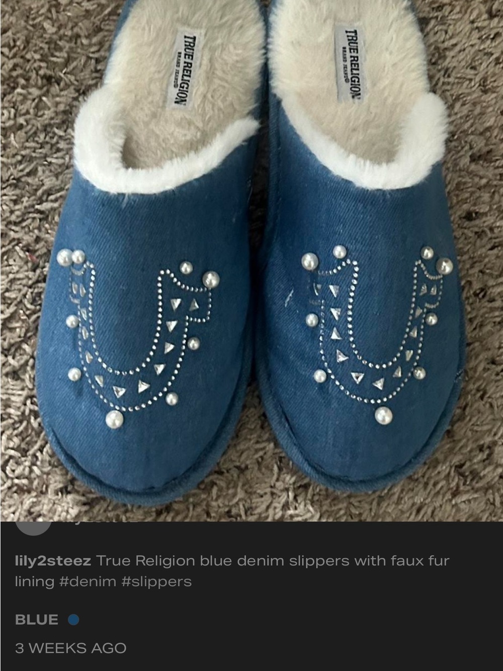 True Religion Denim Slippers with Pearl Stud Accents - Blue